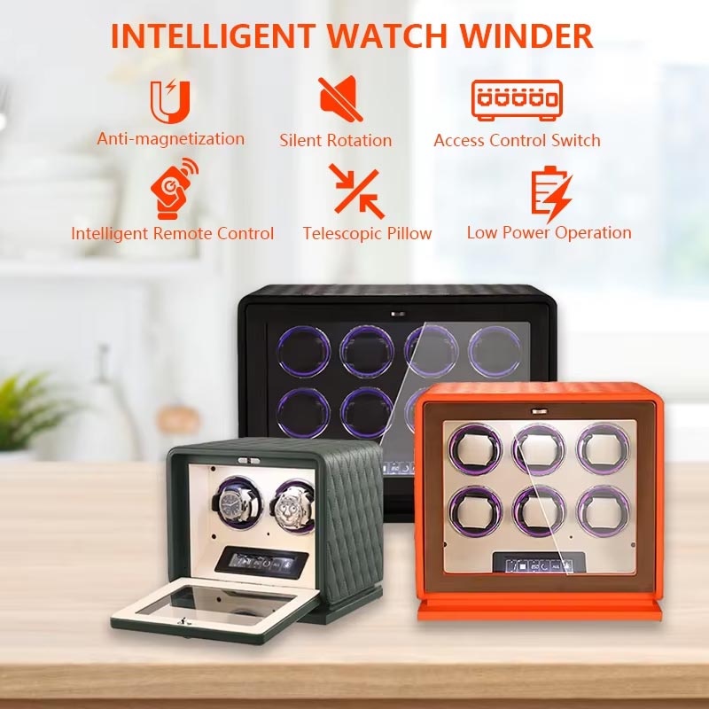 Black/Green/Orange Leather 3 Watch Winder Box