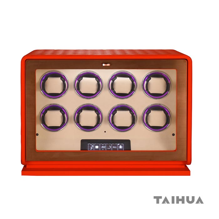 Leather Watch Winder 8 Slot Box - Black/Green/Orange