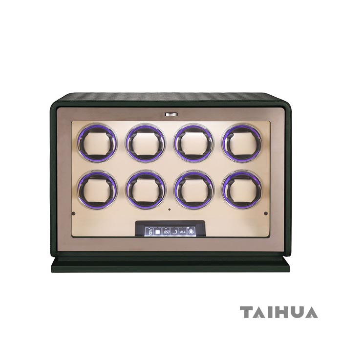 Leather Watch Winder 8 Slot Box - Black/Green/Orange