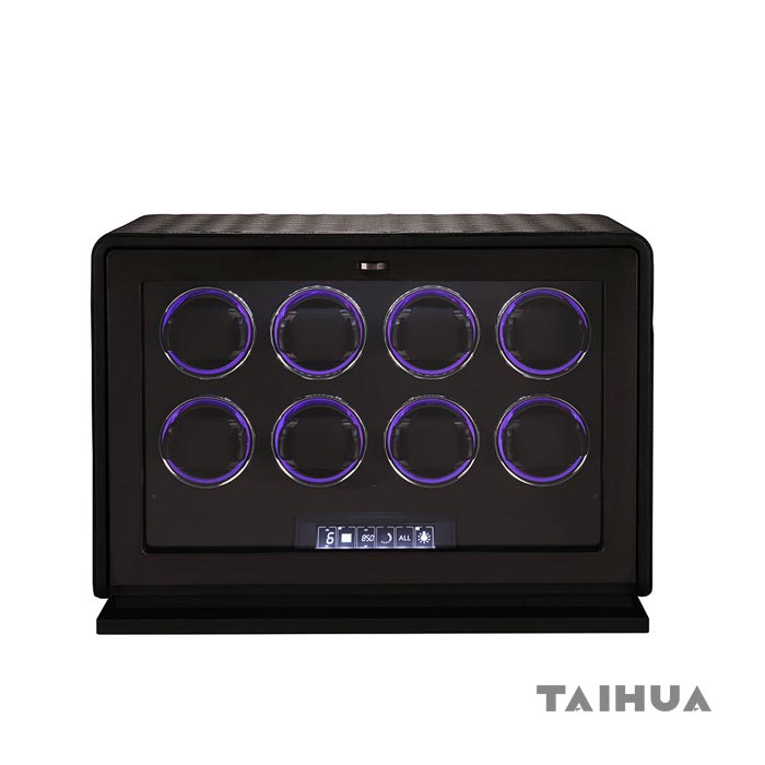 Leather Watch Winder 8 Slot Box - Black/Green/Orange
