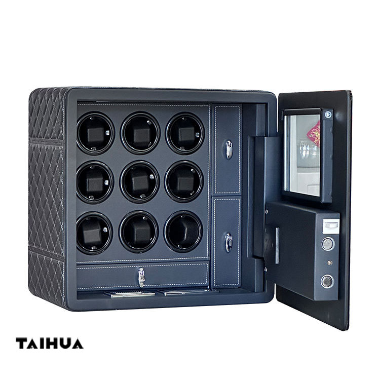 Black Luxury Leather Watch Winder Safe with Fingerprint Lock (9 Slots + Storage Drawer)