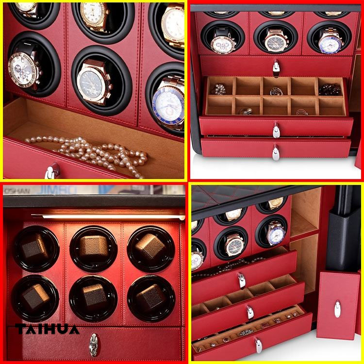 Luxury Leather Watch Winder Safe with 6,9,12 Automatic Watch Rotating Winder and Jewelry Drawers Safe